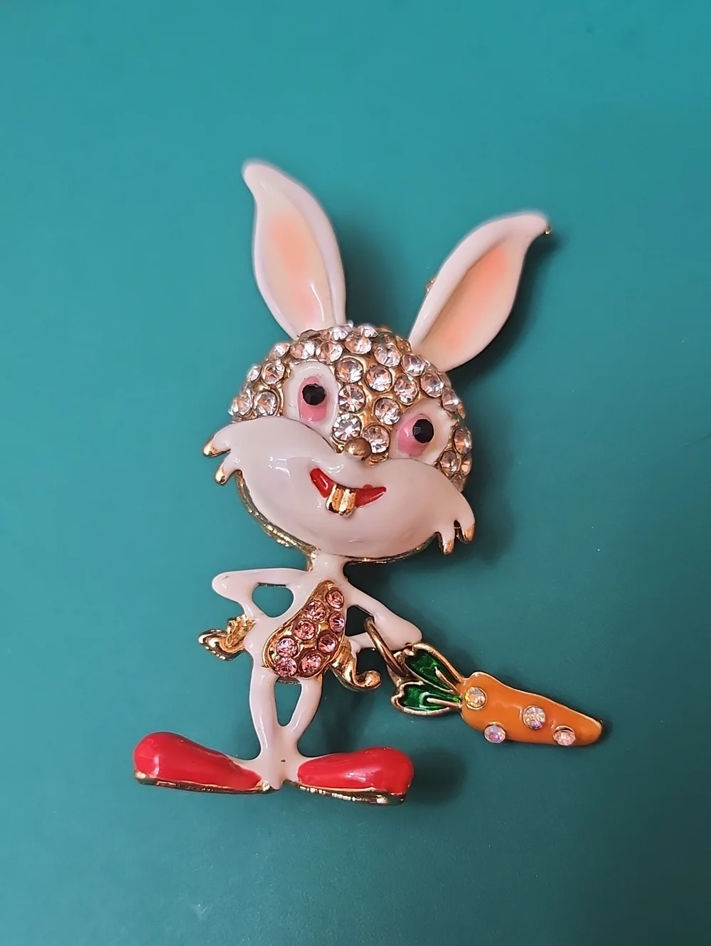 Crystal Bunny Brooch with Pink and Orange Enamel Accents